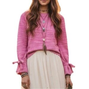 J. Crew Collection Women's Sz S Marled Pink Tie-Sleeve Wool Alpaca Crew sweater